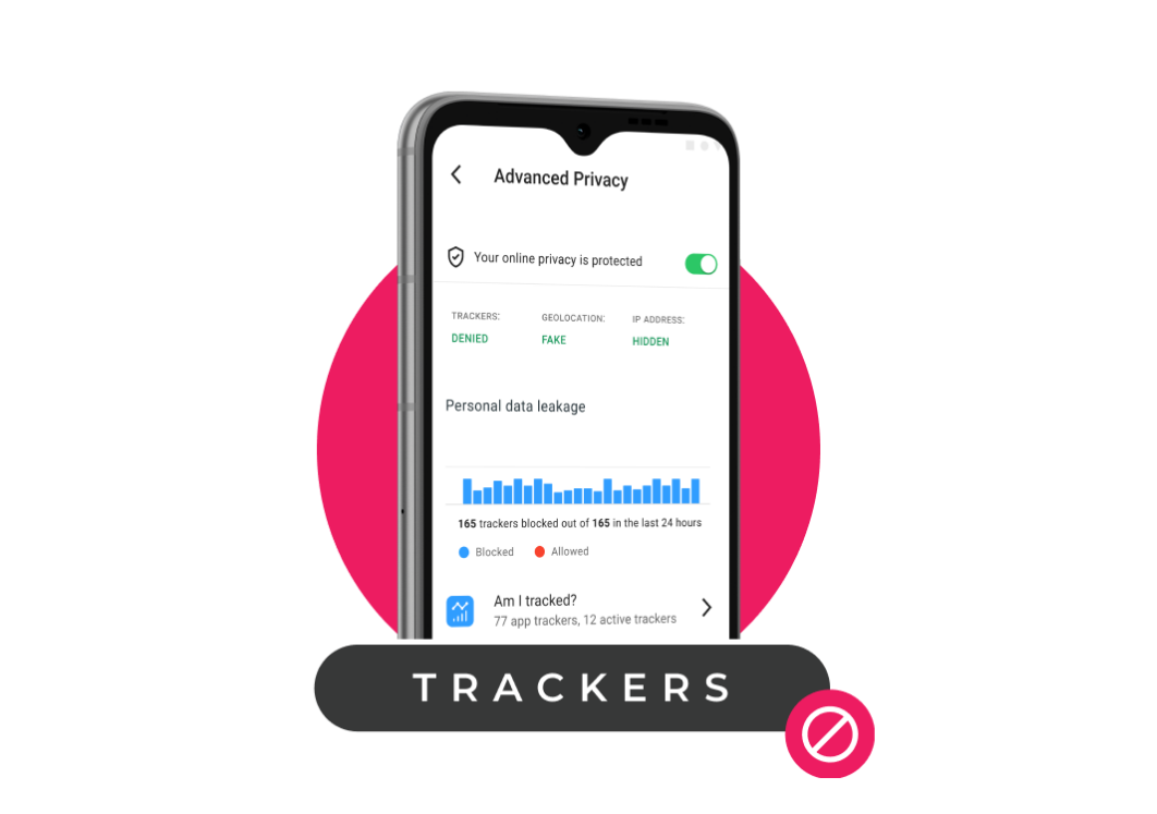 Marketing graphic with screenshot of the app. It says in English: “Your online privacy is protected. Trackers: denied; Location: hidden; IP address: obfuscated. Below is a bar chart showing the number of data leaks.”